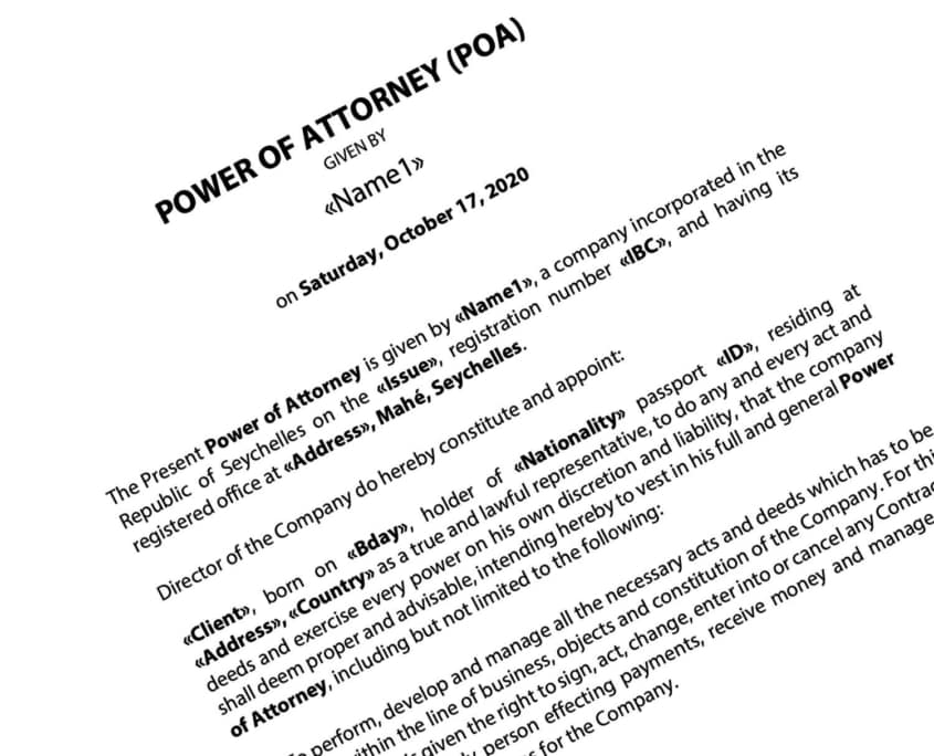 Power of Attorney (POA) or Letter of Attorney Offshore Seychelles