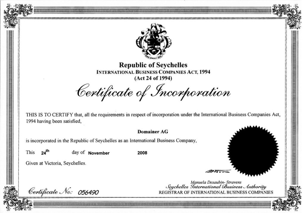 Domainer AG, certificado de constitución de 2008